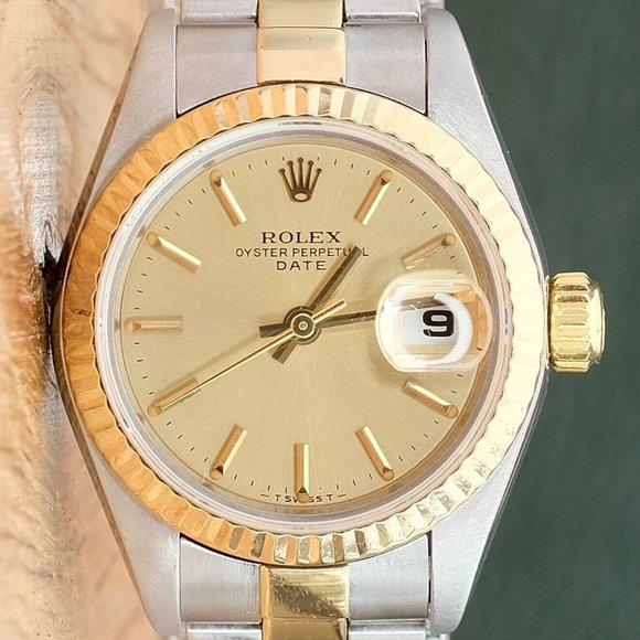 ROLEX OYSTER PERPETUAL CHAMPAGNE DIAL 18K GOLD&STEEL FLUTED OYSTER WATCH 69173 - Picture 1 of 10